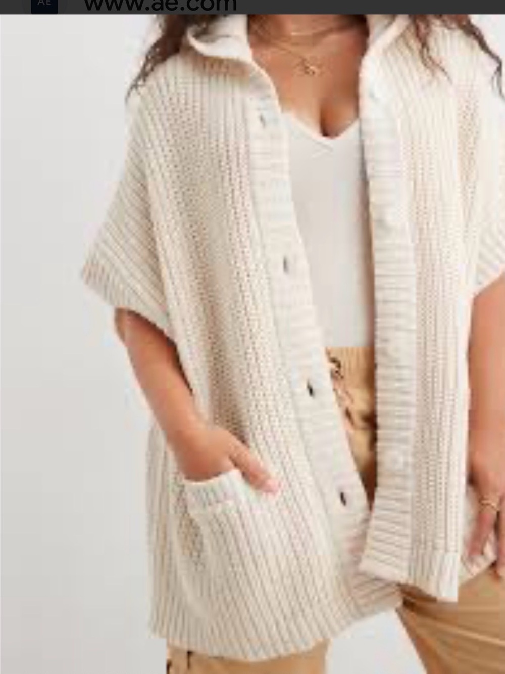 aerie Cream Button-Front Short-Sleeve Knit Cardigan SZ XS /S